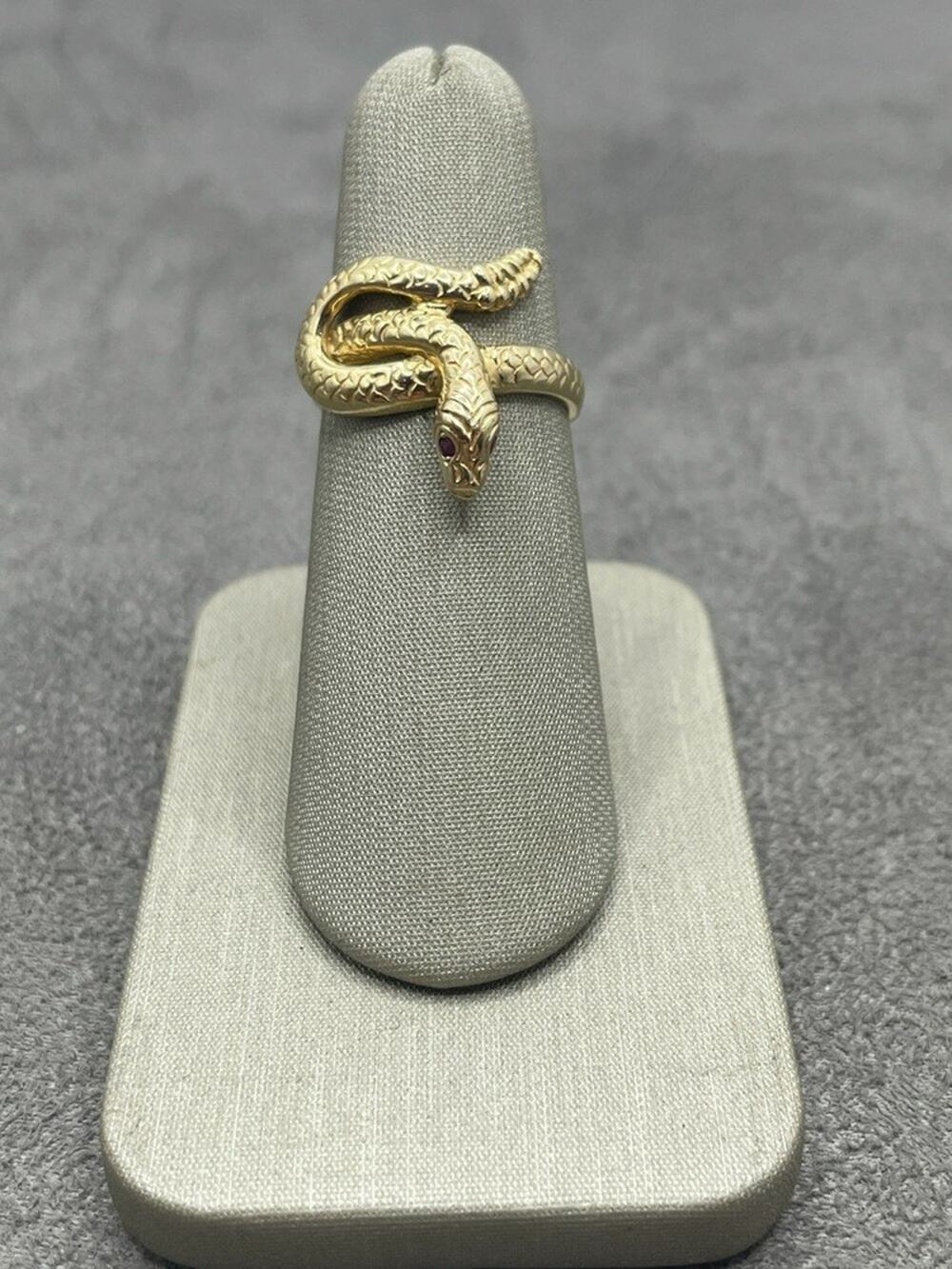 14K Yellow Gold Curled Snake w/ Red Eyes Ring (24677)